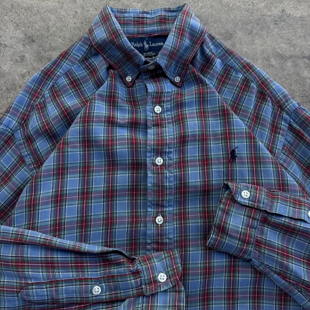 Vintage 90s Polo Ralph Lauren Flannel Plaid Shirt Workwear Blue Large (j4)